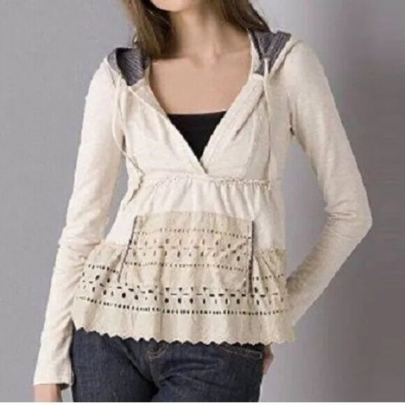 Vintage Free People Beige Hooded Eyelet Trim Empires Waist Babydoll Top - Picture 1 of 12